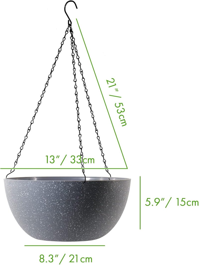 WOUSIWER 13 inch 2 Pack Large Hanging Planters for Indoor Outdoor Plants with Drainage Holes and Chain, Round Hanging Flower Pots for Garden Home Porch Decor, Grey Speckles - Image 2